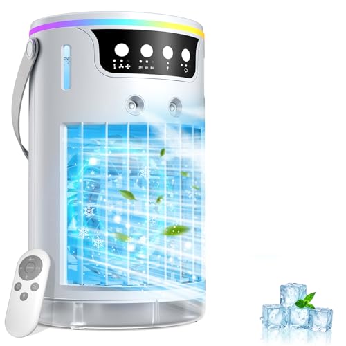 4 -in-1 Portable Air Conditioner 1200ML Evaporative Air Cooler for Bedroom with 3 Speeds & 2-4-8H Timer & 7 Colour Lights Mini Air Conditioner Remote Control for Home Office Room