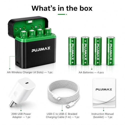Image of PUJIMAX Rechargeable AA Batteries, 1.5V Lithium AA Batteries with Fast Charger, High-Capacity 4-Pack, Charger Included, 30-Minute Rapid Charge, 1500+ Recharge Cycles
