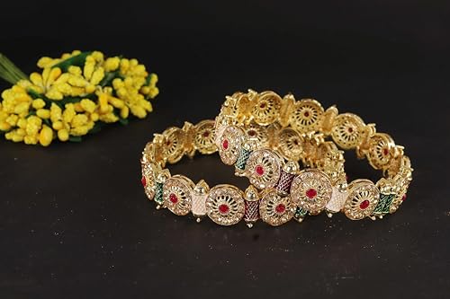 Image of NMII Royal Golden Metal Bangles Set For Women & Girls with Zircon Diamond Stone | Traditional Gold Plated Kangan Set | Fancy Women's Fashion Jewellery Bangles | Wedding, Party, Festive- Set of 2