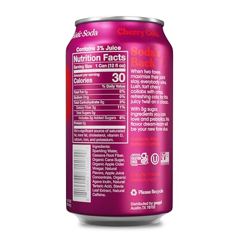 Image of Poppi Prebiotic Soda, Sparkling Water & Fruit Juice, Cherry Cola, 12 Oz, 12 Pack