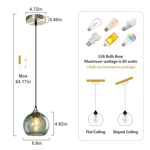 Image of Gray Green Glass Pendant Lights Kitchen Island Lighting Globe Pendant Light Fixtures Modern Pendant Lighting for Kitchen Island Bedroom Living Dining Room Light Fixture(5.9in, 2-Pack)