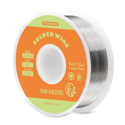 TOWOT Lead-Free Rosin Core Solder Wire Sn99.3Cu0.7 for Electrical Soldering, 2.0% Flux Content, 0.8mm Diameter, Net 20g 1 TOWOT Lead-Free Rosin Core Solder Wire Sn99.3Cu0.7 for Electrical Soldering, 2.0% Flux Content, 0.8mm Diameter, Net 20g