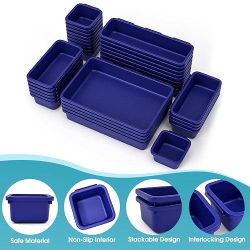 33 PCS Drawer Organizer Set, 4 Size Makeup Drawer Divider Organizer With Non-Slip Pads, Interlocking Plastic Storage Bins for Office,Jewelry Vanity,Gadgets, Bathroom,Kitchen, Navy - Image 3