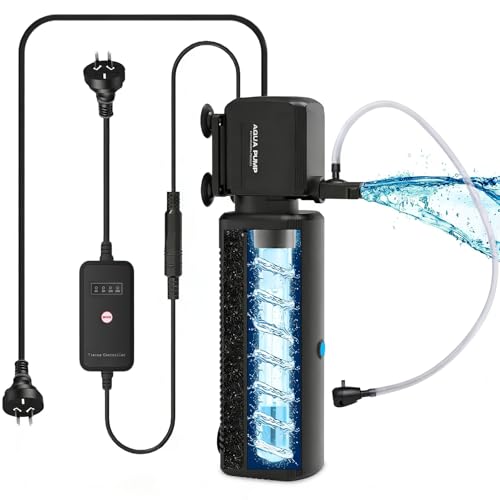 Aquarium Filter Ultra-Quiet 5 in 1 Upgraded Fish Tank Filter 750 LPH/211 GPH Green Water Cleaning Filter Pump with Timer, Dual Mode (Aeration/Rainfall) for 75-150L Aquariums (6W U/V 15W Pump)