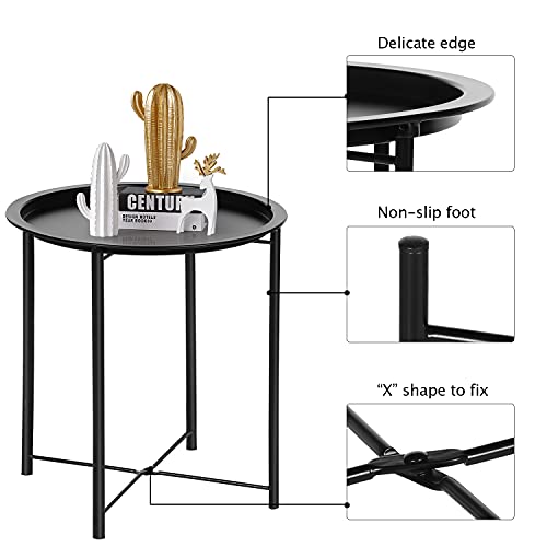 Vecelo Side/End Table, Folding Round Metal Anti-Rust And Waterproof Outdoor Or Indoor Tray For Living Room Bedroom Balcony And Office, 1 Pcs, Black #TOP6