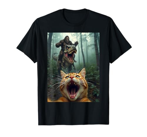 Funny Cat Selfie with Bigfoot Riding T Rex Dinosaur T-Shirt