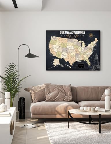 Image of IPIC - Vintage United States Map Canvas Print Wall Art, Large Push Pin Travel Map to Track Travels, Pinnable Board Decor for Home, Office, Study or RV, Ready to Hang
