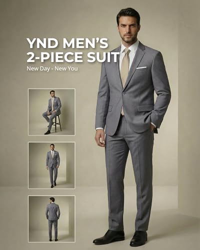 YND Men's 2 Piece Suit with Tie, One Button Slim Fit Solid Jacket and Pants Set, Suits for Men Prom Party Wedding & Business - Image 2