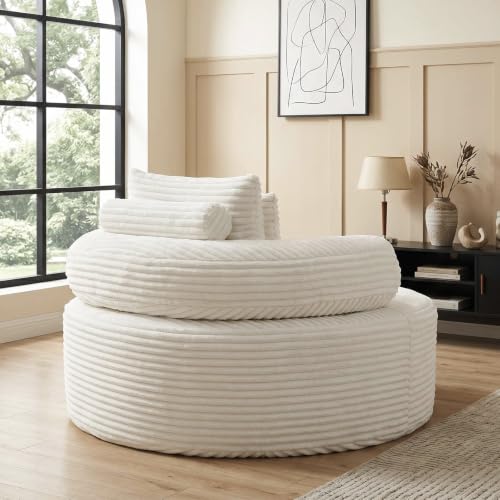 Image of Trustyue Boneless Couch,Comfy Fluffy Sofa Bed,Upholstered Sleeper Sofa with Cup Holder and Throw Pillows,Corduroy Plush Cloud Lounge Chair (White, Corduroy)
