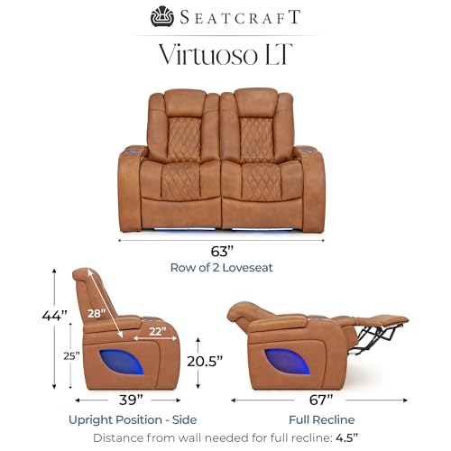 Image of Seatcraft Virtuoso LT Tawny Italian Leather Home Theater Seating, Zero Gravity Power Recliner, Powered Headrest and Lumbar Gaming and Home Office Chair Heat and Massage Lounge Sofa, Row of 2 Loveseats