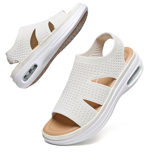 Hanani Women Walking Sandals Air Cushion Support Platform Elastic Ankle Strap Sport Slingback Ladies Open Toe Ourdoor Summer Shoes Comfortable Casual Wedge Sandals Washable Slide Sport Girls