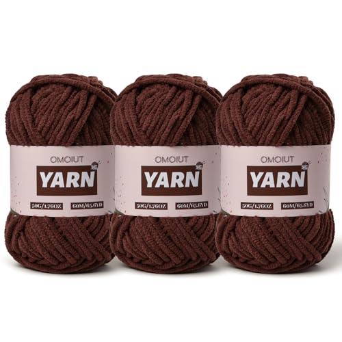 Image of 3 Packs Plush Chenille Chunky Crochet Yarn - Baby Yarn for Crocheting Soft - Velvet Yarns Knitting for Blankets Crafts - Fluffy Amigurumi Yarns 150g / 196.8yds(3 Dark Coffee)