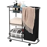 Lucalda Rolling Laundry Cart with Wheels: 3-Tier Laundry Caddy Between Washer and Dryer - Heavy Duty Wrapping Paper Cart with 45L Bag for Narrow Space Laundry Room Bathroom Bedroom Black