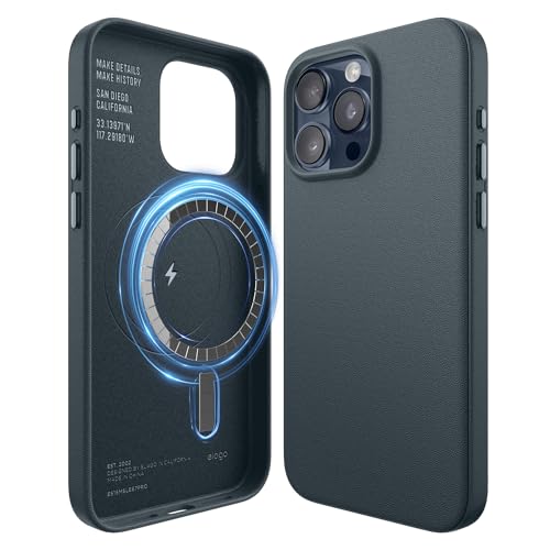 Image of elago Magnetic Leather Case Compatible with iPhone 15 Pro Max Case, Compatible with All MagSafe Accessories, 6.7 inch - Built-in Magnets, Vegan Leather, Shockproof, Water-Resistant [Jean Indigo]