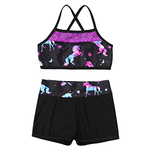 Inhzoy Kids Girls 2 Pcs Sequins Mermaid Tank Top Booty Shorts Ballet Dance Gymnastic Leotard Tankini Suit Dark Night Black 6 #TOP2