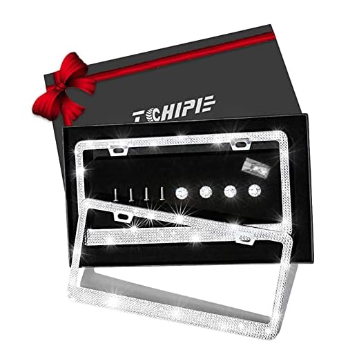 Tchipie 2 Pack Bling Rhinestone License Plate Frames for Women Girl, Bedazzled Sparkly Cute Diamond Car License Plate Frame, Glitter Crystal Tag Frame with Wonderful Box, Stainless Steel Frame, White