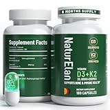 Vitamin D3 K2 - 20,000 IU D3 + 200mcg K2(MK-7), 180 Capsules, Supports Bone, Immune, Heart & Teeth Health, Third-Party Tested, Vegan, Non-GMO, Gluten Free K2 D3 Vitamin Supplement for Men & Women