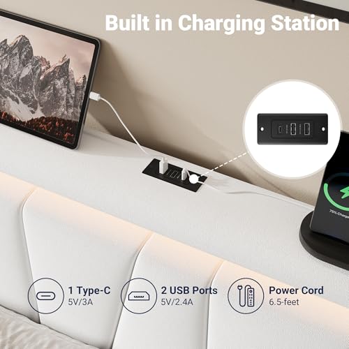 Image of Allewie Full Size LED Bed Frame with Charging Station, Velvet Upholstered Platform Bed with Geometric Wingback Headboard, Modern Frame with No Box Spring Needed, Easy Assembly, White