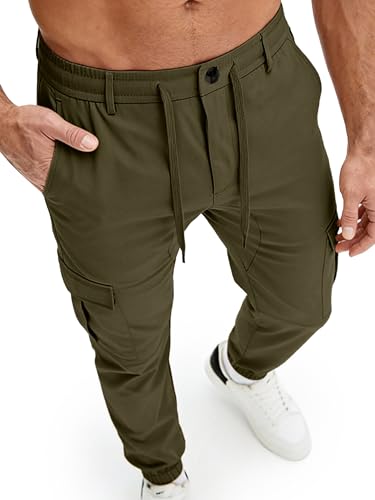 PLEPAN Mens Casual Cargo Joggers Drawstring Elastic Waist Tapered Work Pants Twill Slim Fit Fashion Workout Hiking Pants with 6 Pockets Army Green X-Large