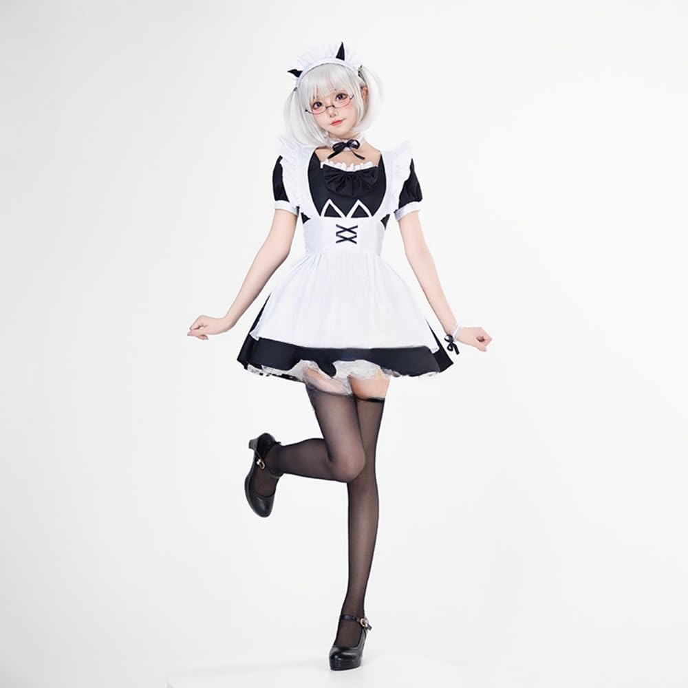 7pcs White Black Maid Outfit Lolita Dress Set Anime Cosplay Costume Fancy Dress Costume for Women