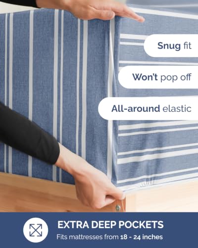 Image of Flex Top Split Head King Sheet Set - 4 Piece Extra Deep - Blue Stripes 3