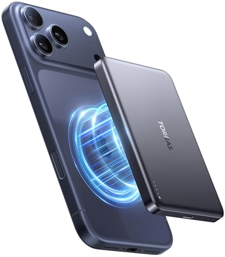 TORRAS MiniMag Powerbank für MagSafe 10000mAh 22.5W Schnellladen Magnetische Power Bank Slim Wireless Externe Akkupack mit USB-C-Kabel für iPhone 17 Pro Max/Air/16/15/14/13/12 AirPods Grau Titan.
