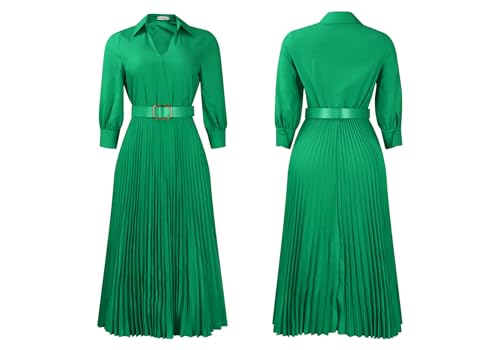 Image of Famnbro Womens Pleated Dress V Neck Long Sleeve A line Church Formal Works Business Dresses with Belt