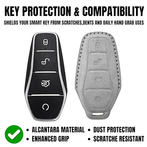 Image of KMH Alcantara Key Cover Compatible with BYD Atto 3 Models Smart Keycover with Keychain 4 Buttons Shell Case Holder Full Key Protector Accessories Smart Keycover with Keychain, Grey - Pack of 2