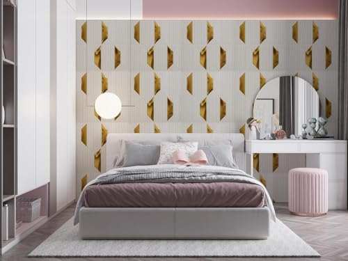 Image of Acrylonitrile Butadiene Styrene (ABS) 3D White Pyramid PVC Wall Panels For Home, Living Room, Cafes (50X50 Cm) (Cover Area 2.7 Feet) (Gold Acrylic) (Acylic Gold Square Mirror White Pyramid)