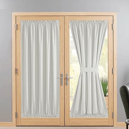 NICETOWN Linen Door Curtains 72 inches Long, 100% Blackout Thermal Insulated Privacy French Door Covering with TieBack Sheer Window Curtains for Livin