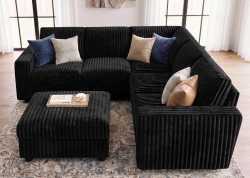 Image of HONBAY Corduroy Sectional Sofa with Ottoman, 6 Seat L Shaped Couch, Black