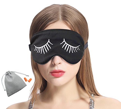 MSSilk Sleep Eye Mask- Smoothing Mulberry Silk- Adjustable Elastic Strap- Lightweight- with A Bonus Pair of Earplug in a Carry Pouch (White Eyelashes)