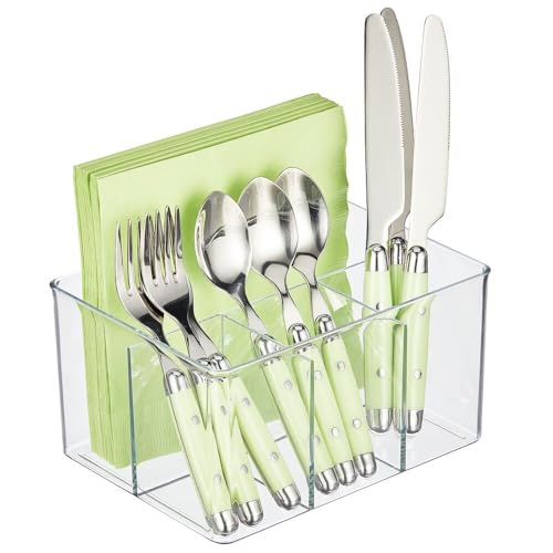 mDesign Plastic Cutlery Storage Organizer Bin for Kitchen Cabinet or Pantry - Holds Forks, Knives, Spoons, Napkins - 4 Section - Indoor or Outdoor Use - Clear