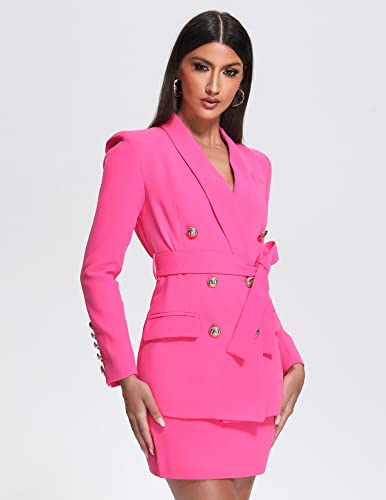Bella Barnett Pink Blazer Set Double-Row Golden Button Belted Blazer Deep-V Collar Long Sleeve Suit, Wrap-Butt Mini Skirt #TOP2