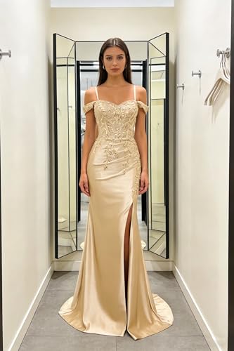 Image of Mermaid Satin Prom Dresses 2026 Lace Applique Off Shoulder Formal Evening Gown with Slit