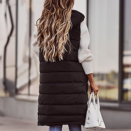 Generic Black Puffer Vest Women Plus Size Long Warm Coat Casual Fashion Zip Up Hoodie Tops Outdoor Winter Cotton Padded Jacket Lightweight Open Front Outerwear Quilted Waistcoat(B-Black,5X-Large) #TOP4