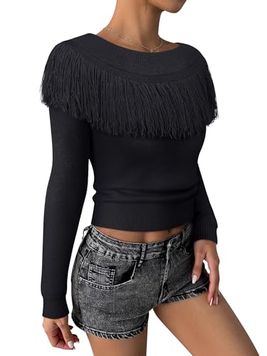 Western Cowgirl Off Shoulder Fringe Country Concert Sweater Cold Shoulder Tassel Long Sleeve Ribbed Hem Pullover Tops4