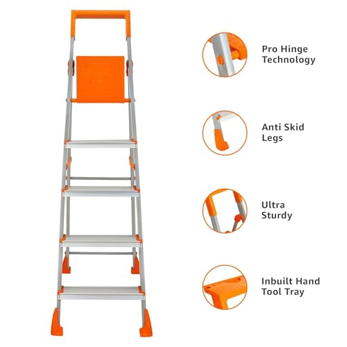 Image of Amazon Basics Clamber Pro+ - Foldable Step Ladder with Tool Tray, Firm Grip, 5 Steps (Aluminium Steps, Orange & Satin)