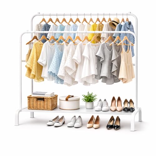Image of Raawan Heavy Duty Double Rod Clothes Rack with Side Storage Shelves | Metal Garment Stand Organizer | Space Saving Cloth Hanger Stand for Bedroom, Living Room & PG (2 LAYER WHITE)