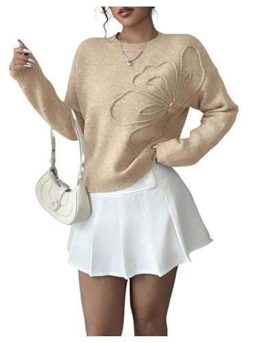 Image of RoseSeek Women's 3D Floral Appliques Crewneck Sweaters Long Sleeve Drop Shoulder Pullovers Elegant Knit Tops