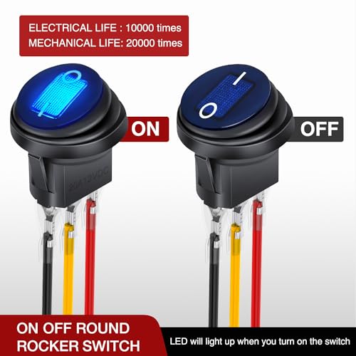 Image of Nilight 12V 20A Round Rocker Switch Waterproof IP65 LED Lighted 4 Colors | 3-pin SPST switch with protective rubber cover, silver-plated terminals, and multi-color LED indicators