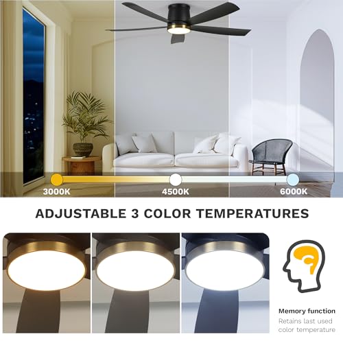 DWVO 52 Inch Ceiling Fans with Lights, Flush Mount Ceiling Fan with Remote Control, 3CCT Dimmable LED, Quiet Reversible DC Motor, 6 Speeds, 5 Blades Ceiling Fan for Bedroom, Living Room, Dining Room