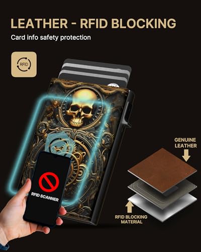 Image of typecase Mens Wallet Card Holder: Pop Up Aluminum Case, Carbon Fiber Leather, Smart, RFID Blocking, Slim, Minimalist, Front Pocket - 9-14 Card Capacity | ID Window | Cash Slot (Skull)