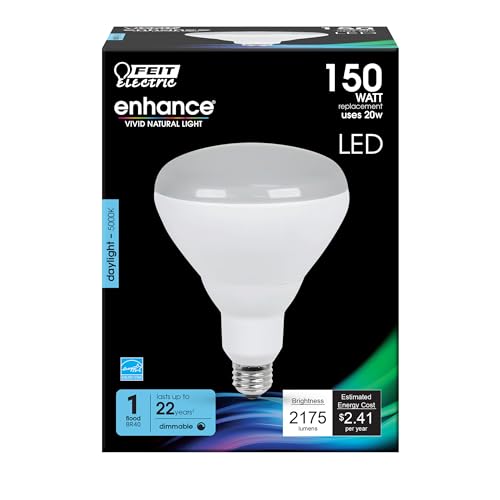 Feit Electric BR40 LED Light Bulb, 150W Equivalent, Dimmable, 2175 Lumens, E26 Medium Base, 5000K Daylight, 90 CRI, Flood Light Bulb for Recessed Cans, Damp Rated, 22-Year Lifetime, BR40DM/2175/950CA by Feit Electric - Used condition - US$14.62