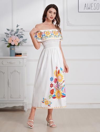 Image of IDOPIP Mexican Dress for Women Off Shoulder Traditional Mexican Fiesta Dress Floral Sunflower Cinco De Mayo Mexican Outfit