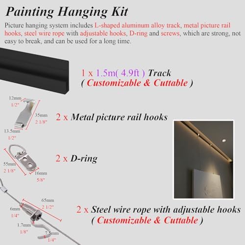 Adjustable Ture Hanging System for Home - Customizable Wall Decor & Mirror Hanging Hardware, Perfect for Living Room (6.5"/2m Cable, Small)