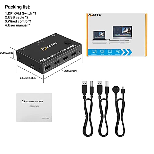 Image of KVM Switch 2 Computers 1 Monitor DisplayPort, 2 In 1 Out DP KVM Switcher Support 4k@60Hz Control 2 Computers to Share Keyboard, Mouse And DP Monitor