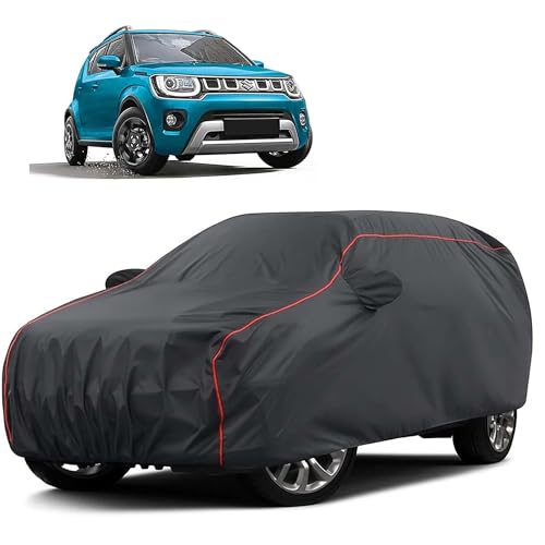 Image of Sulfar 100% Water Resistant Car Body Cover Compatible with Mirror for Maruti Suzuki Ignis (Triple Stitched, Full Bottom Elastic, Dark Grey Taffeta with Red Piping)