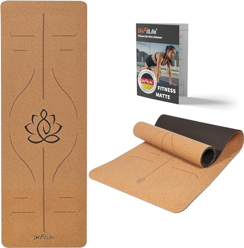 DH FitLife Tapis de yoga en liège et TPE, mat 183 x 61 x 0,6 cm, tapis de fitness, antidérapant et respectueux de l'environnement, tapis de sport naturel autonettoyant