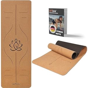 DH FitLife Tappetino da yoga in sughero e TPE, tappetino da ginnastica, 183 x 61 x 0,6 cm, tappetino da yoga antiscivolo, tappetino da yoga, spessore con linee di orientamento
